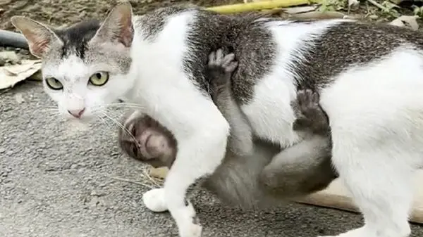ویدئویی جالب از آزار و اذیت یک گربه توسط میمون در ریاض!